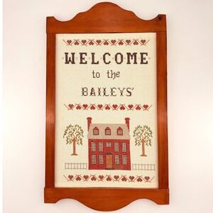 Vintage Handmade Cross Stitch Welcome Baileys Colonial House Wood Frame 24x14.5
